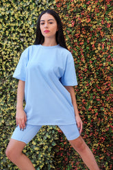Oversized Tonal Back Print T- Shirt - Powder blue